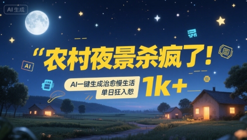 农村夜景杀疯了！AI一键生成治愈系慢生活，单日狂入1k+网赚库-项目库-轻创网-中创网-福缘网-冒泡网-资源之家-魔方项目库网赚库