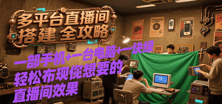 多平台直播间搭建全攻略，一部手机+一台电脑+一块绿布轻松实现你想要的直播间效果网赚库-项目库-轻创网-中创网-福缘网-冒泡网-资源之家-魔方项目库网赚库