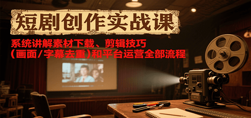 短剧创作实战课，系统讲解素材下载、剪辑技巧(画面/字幕去重)和平台运营全部流程网赚库-项目库-轻创网-中创网-福缘网-冒泡网-资源之家-魔方项目库网赚库