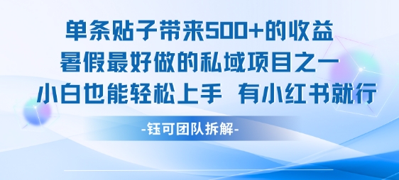单条贴子带来5张的收益，暑假最好做的私域项目之一，小白也能轻松上手，有小红书就行网赚库-项目库-轻创网-中创网-福缘网-冒泡网-资源之家-魔方项目库网赚库