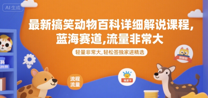 最新搞笑动物百科详细解说课程，蓝海赛道，流量非常大，轻松签独家进精选网赚库-项目库-轻创网-中创网-福缘网-冒泡网-资源之家-魔方项目库网赚库